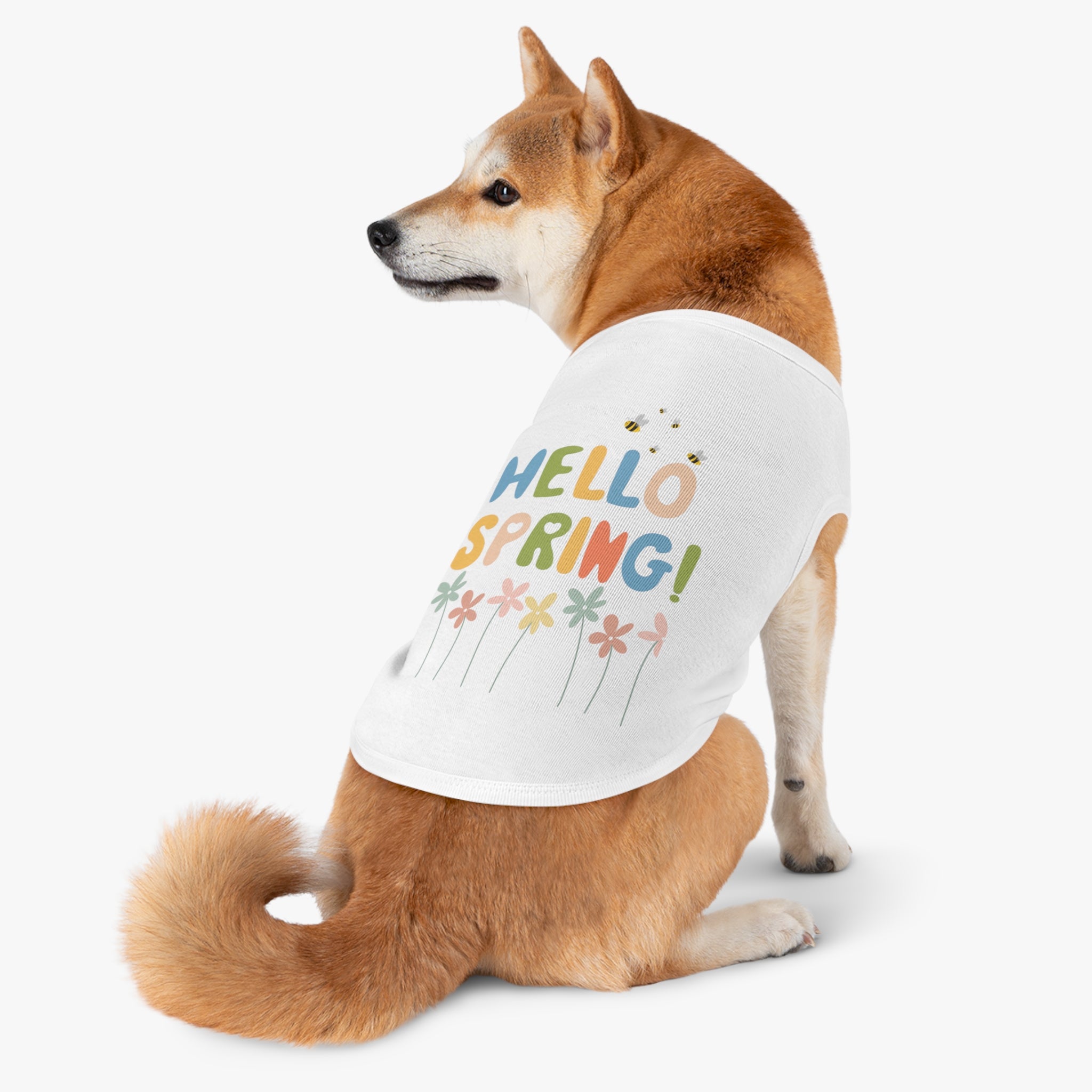 Camiseta Tank Top para Perros "Hello Spring" | Diseño Flores y Abejas Pastel