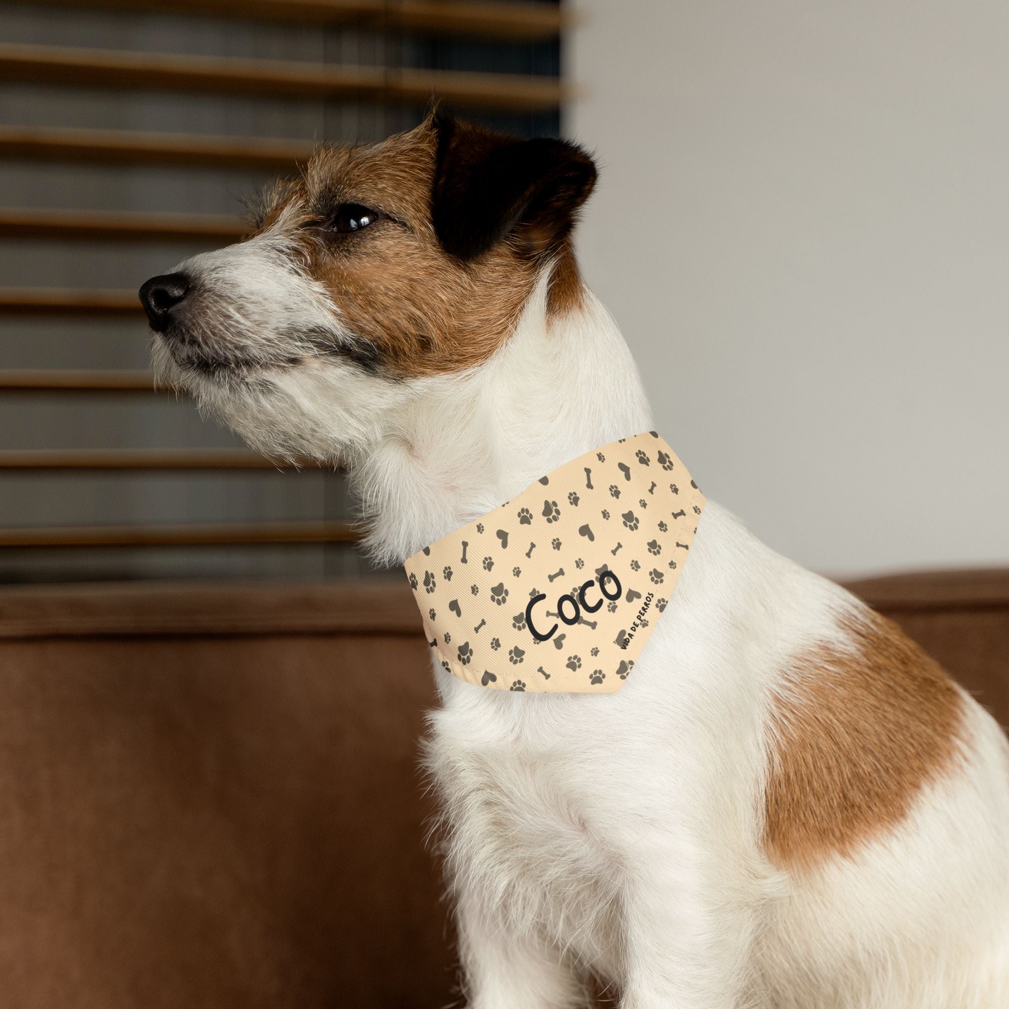 Bandana Collar Personalizada para Perros con Nombre | Diseño Huellas Huesos Crema