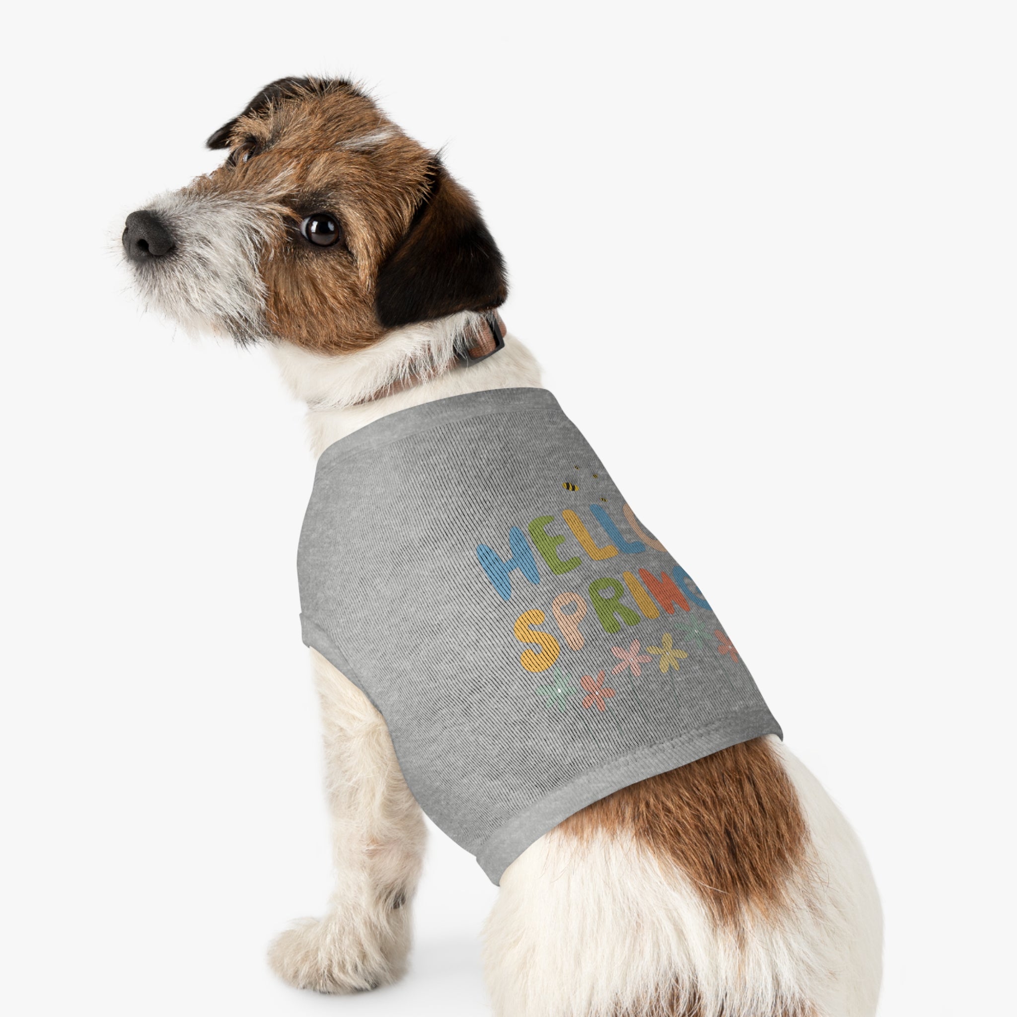 Camiseta Tank Top para Perros "Hello Spring" | Diseño Flores y Abejas Pastel