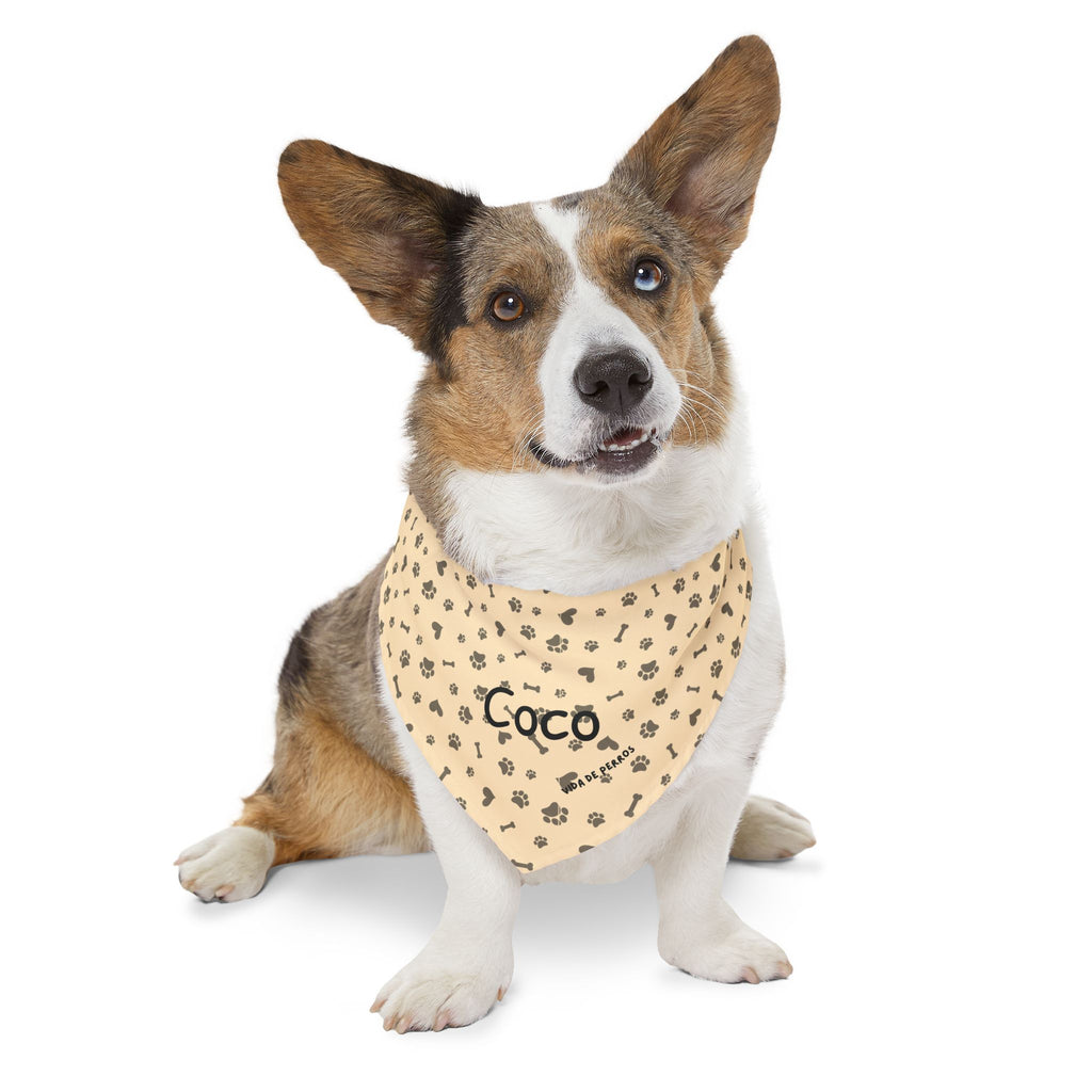 Bandana Collar Personalizada para Perros con Nombre | Diseño Huellas Huesos Crema