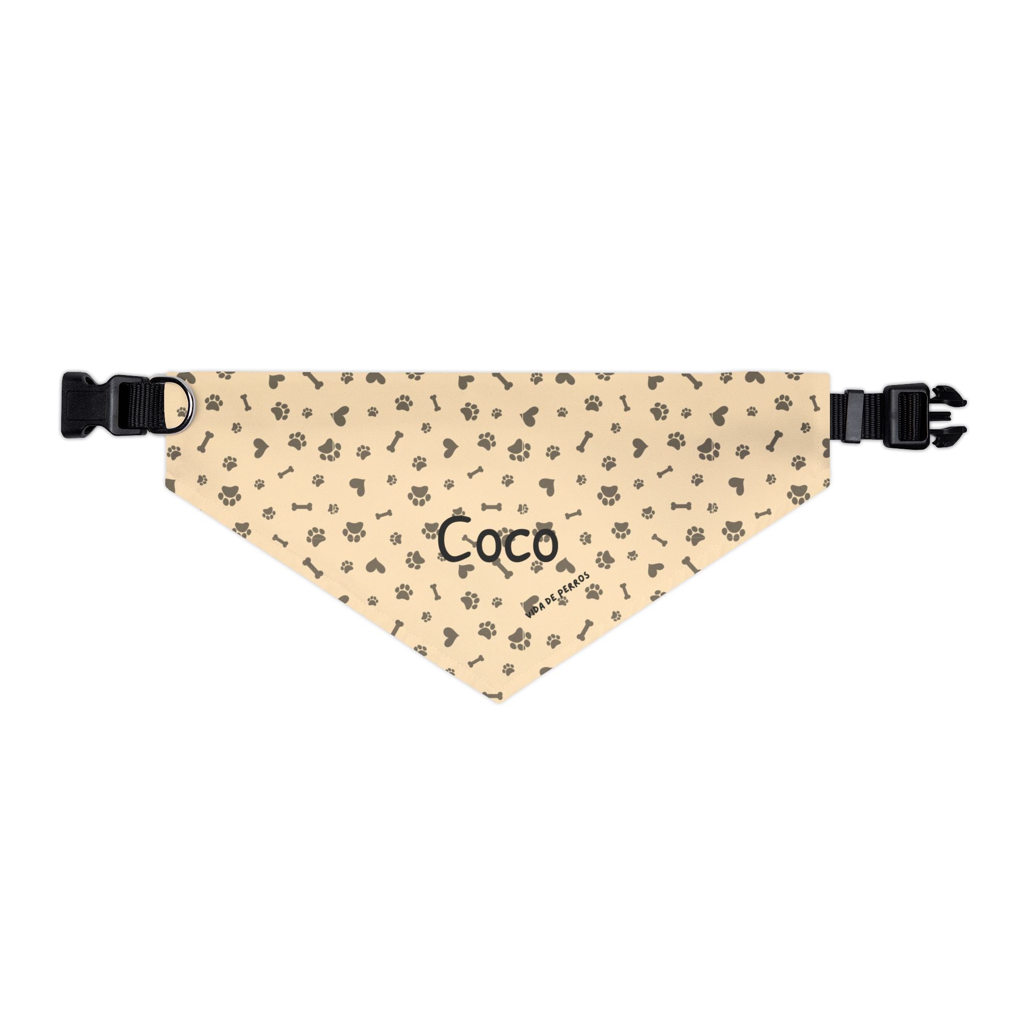 Bandana Collar Personalizada para Perros con Nombre | Diseño Huellas Huesos Crema