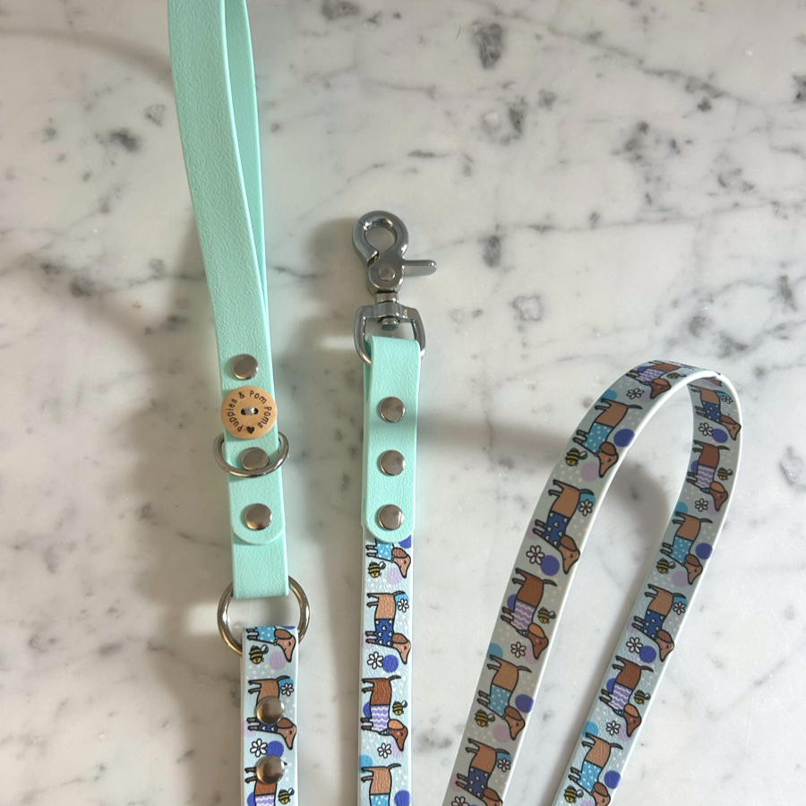 Handmade Vegan Leather Dog Leash - Bee Happy Dachshunds - Blue