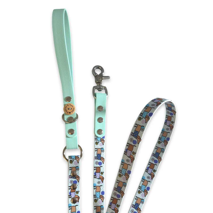 Handmade Vegan Leather Dog Leash - Bee Happy Dachshunds - Blue