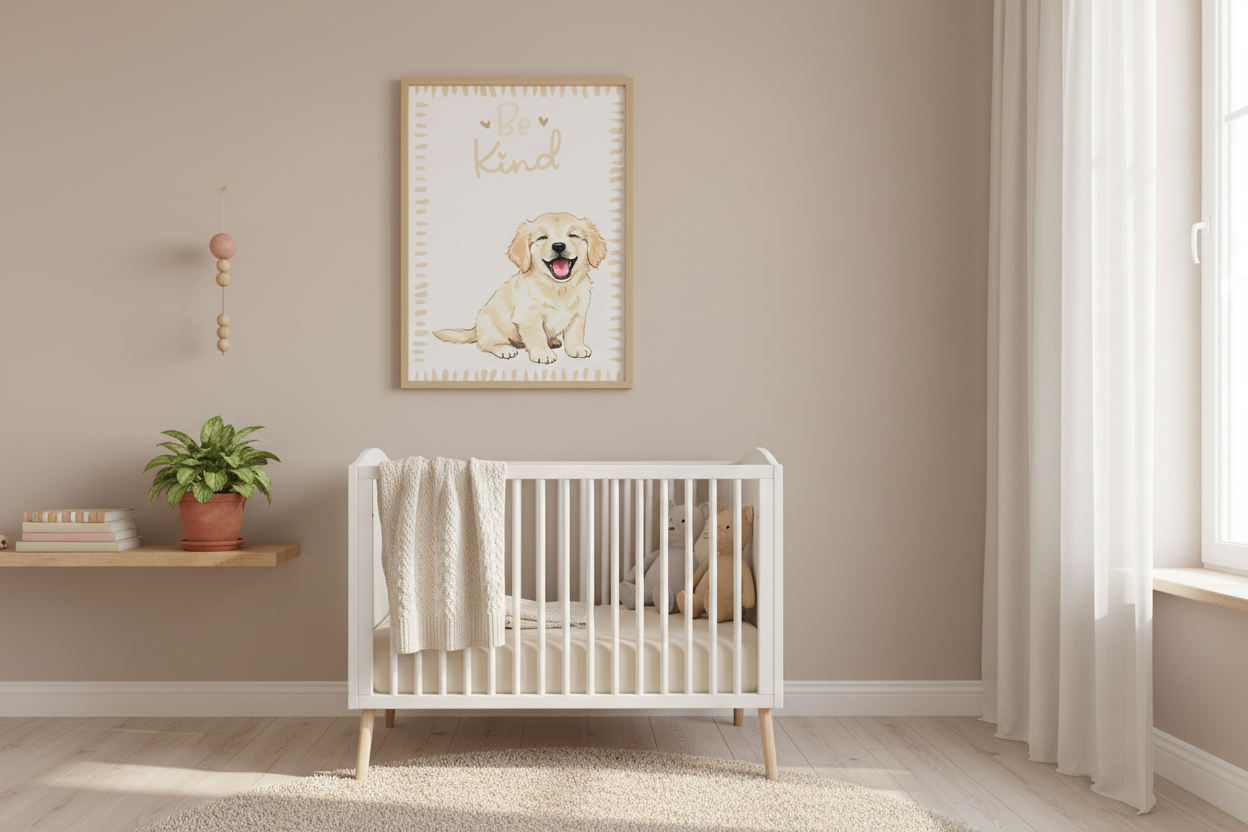 Lámina Be Kind con cachorro en habitación infantil - ambiente lifestyle