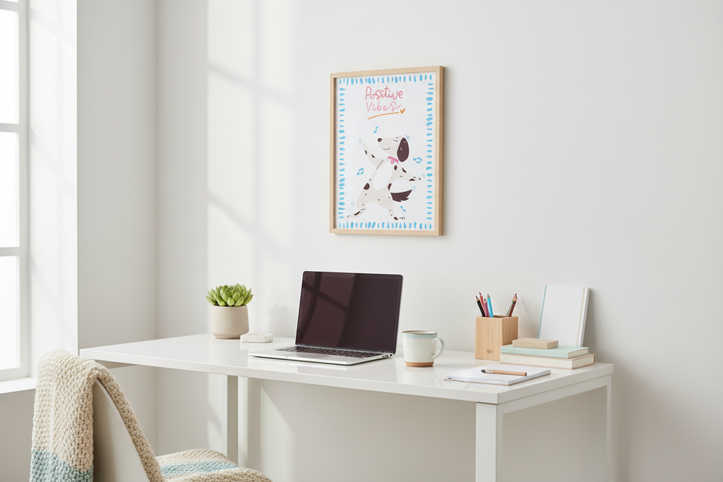 Lámina Positive Vibes con perritos bailando en oficina moderna - espacio de trabajo inspirador