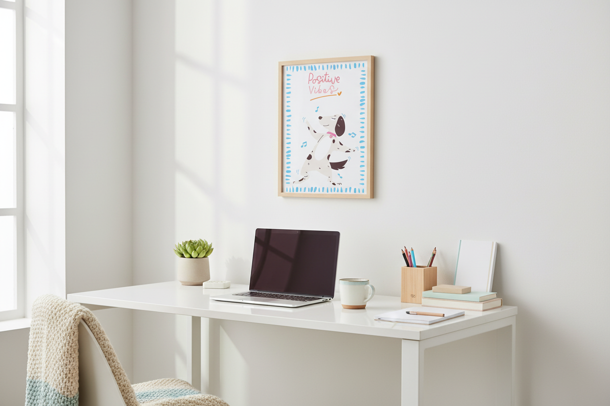 Lámina Positive Vibes con perritos bailando en oficina moderna - espacio de trabajo inspirador