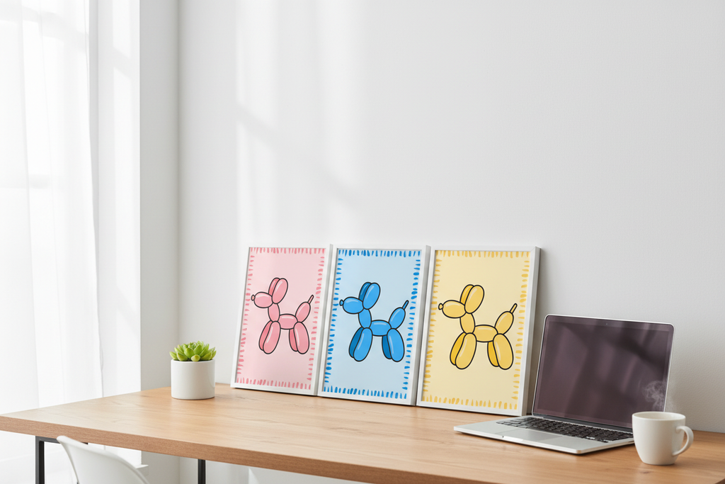 Láminas decorativas perritos globo en escritorio de oficina moderna