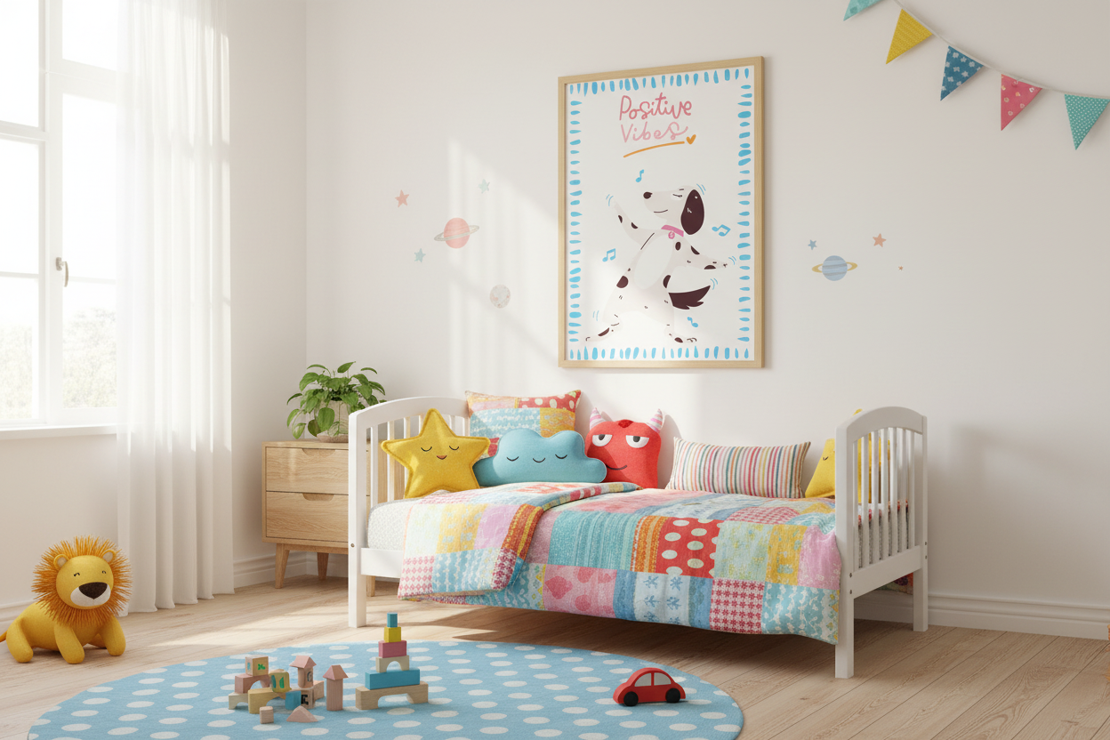 Lámina Positive Vibes con perritos bailando en habitación infantil colorida - ambiente lifestyle