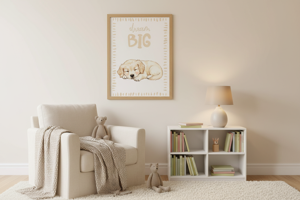 Lámina Dream Big con cachorro en rincón de lectura - ambiente lifestyle